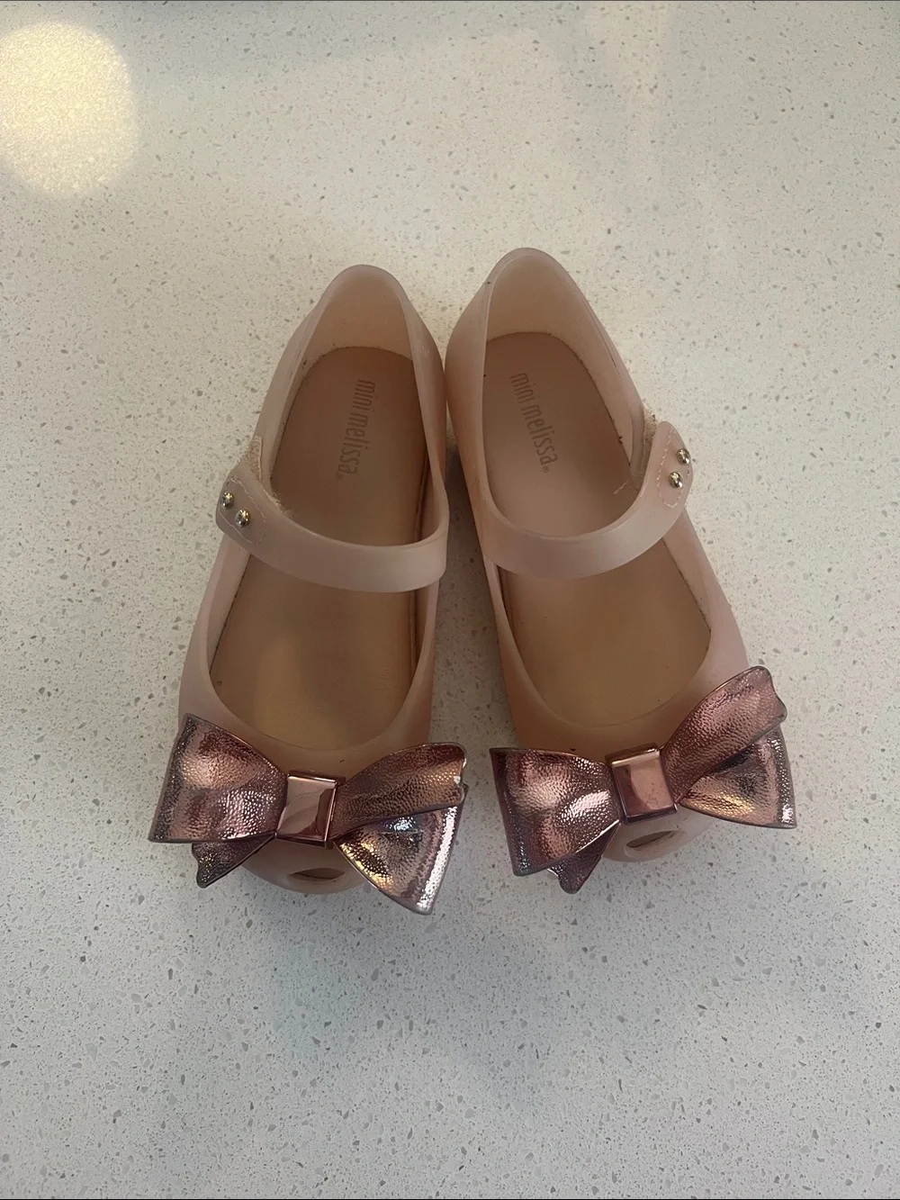 Mini Melissa Girls' Blush Pink Mary Jane Shoes with Metallic Rose Bow